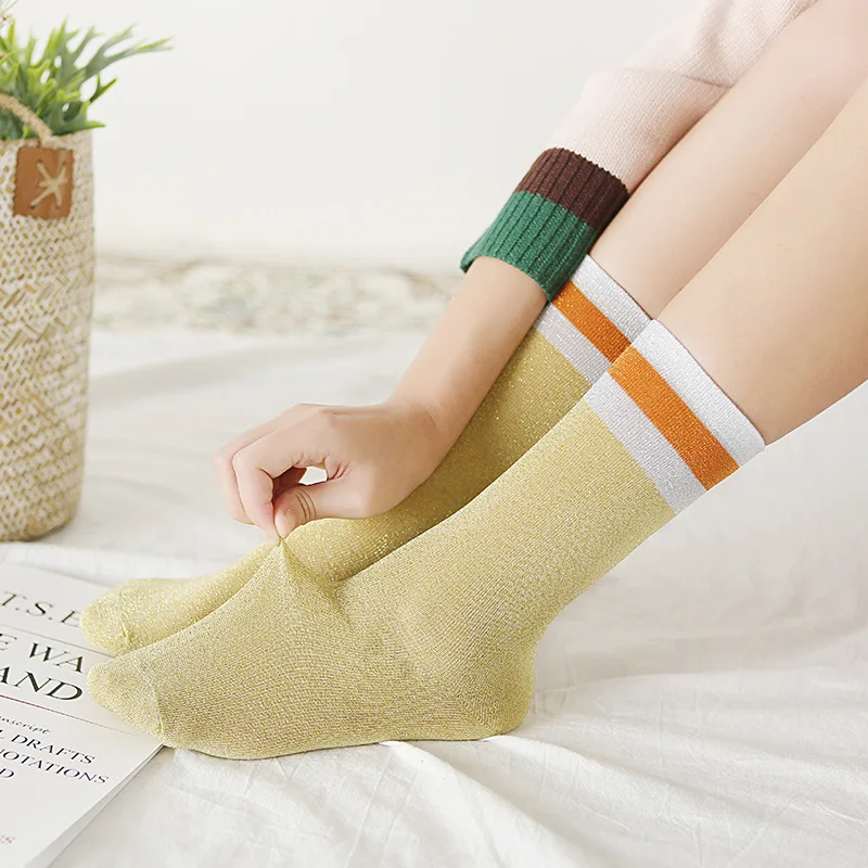 

5 colors thin slough yarn metallic fashion socks women, Colorful
