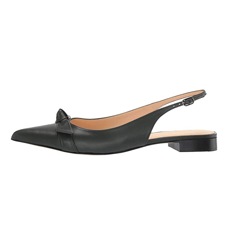 

High Quality Brand Fashion Black PU Pointed Toe Slingbacks buckle Knot Women's Flat Pums, Pic show/customized