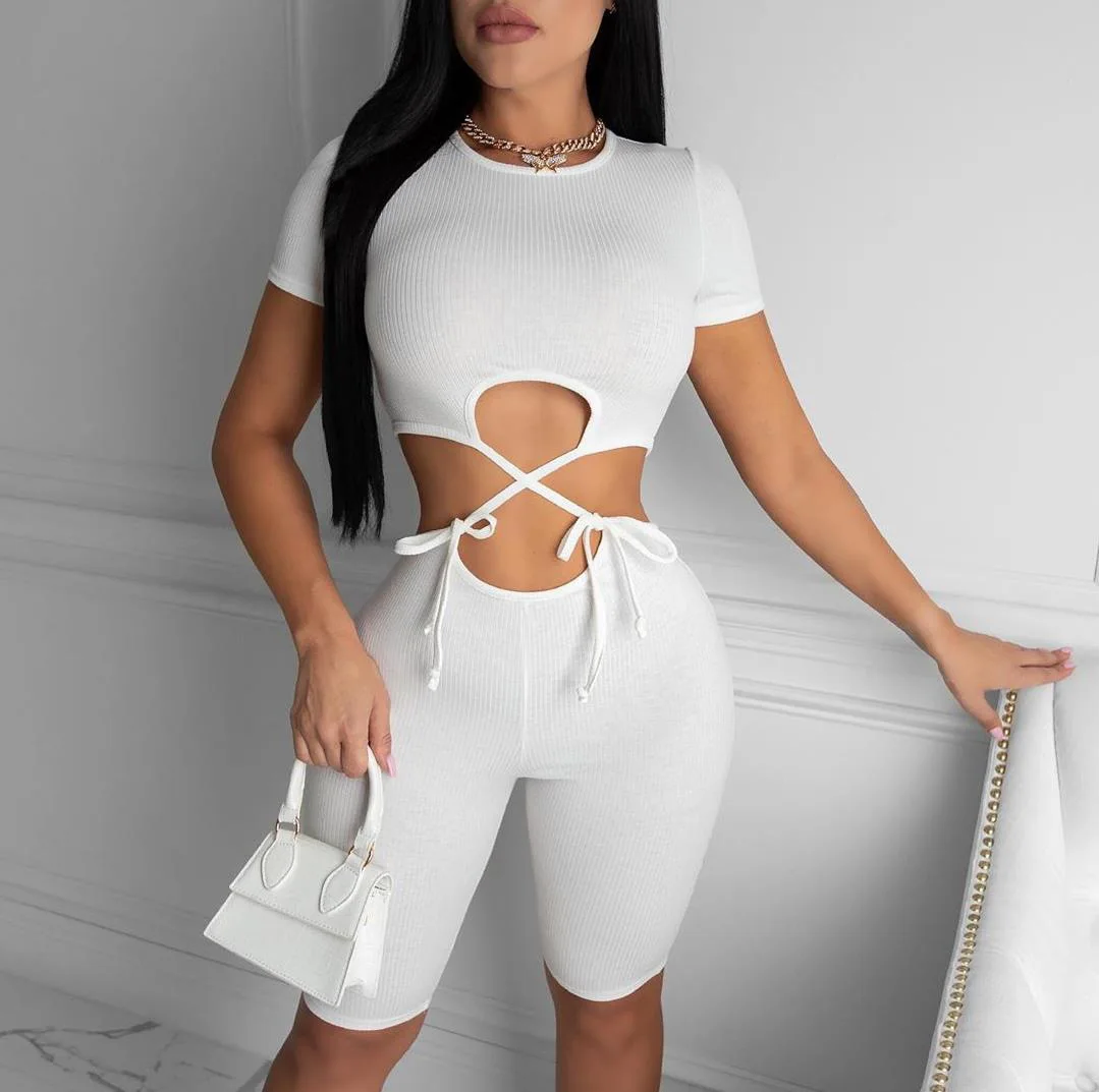 

Ribbed knitted lace up Sexy two piece set women Removable short sleeve cropped tops and shorts jumpsuit female sport outfits, Gray,pink,white,black