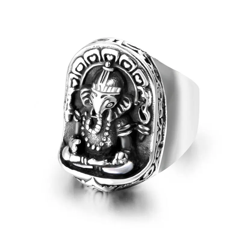 

Retro Stainless steel Thailand fortune head FETISH ELEPHANT nose God of Wealth men's ring for boyfriend