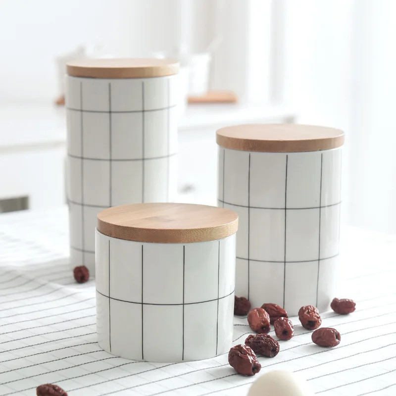 

Simple Cylindrical Kitchenware Tea Coffee Sugar Canisters Geometric Figure White Ceramic Canister Set With Wooden Lid, Black/white