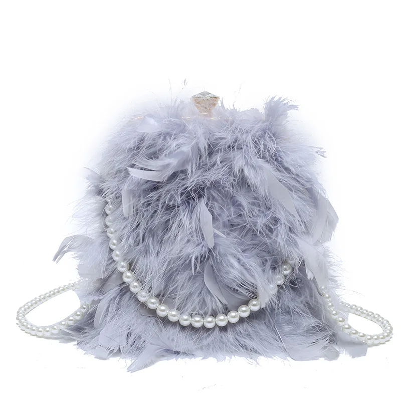 

Jtfur Winter women fashion Turkey ostrich feather bag ladies pearl decorated pure color fur handbag purse, Customized color