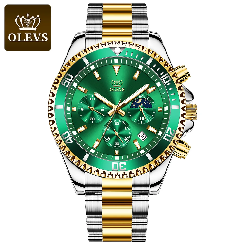 

OLEVS 2870 Top Brand Luxury Green Dial Rotating Bezel Fashion Men Wrist Watches Business Male Calendar Chronograph Quartz Watch, 4 colors