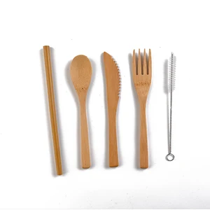 Image of Natural Bambu Camp Knife Fork Spoon Utensil Custom Logo Reusable Bamboo Kids Adult Travel Cutlery Set In Gift Pouch