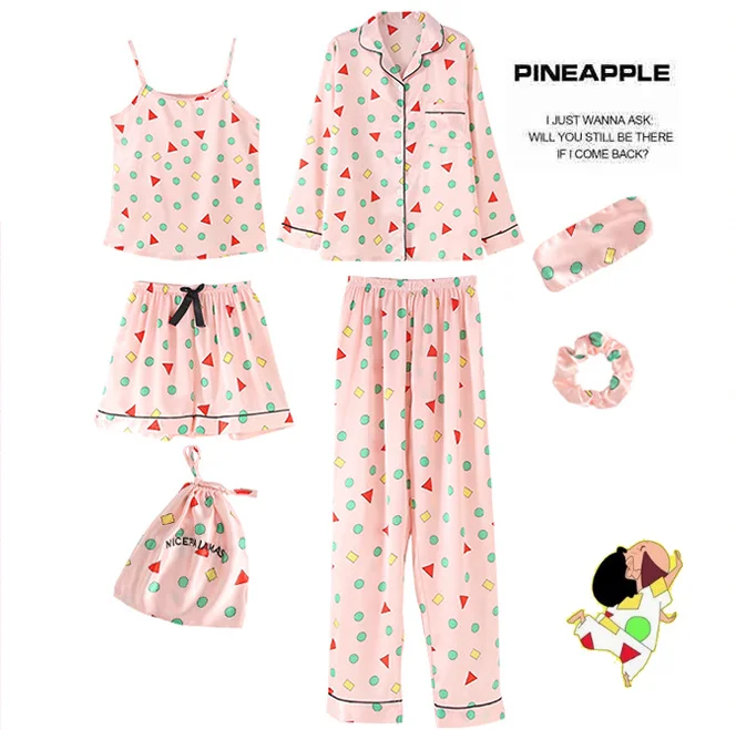 

Four seasons wear female ice silk Homewear 7 Pieces Sets long-sleeved shorts sling Satin suit women pajamas, Pink purple