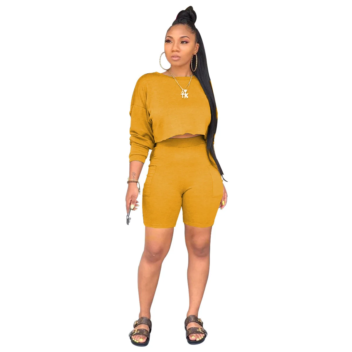 

Summer dress 2021 Good quality candy color Round neck and Long sleeve Pocket Shorts Women two piece set, Picture shows