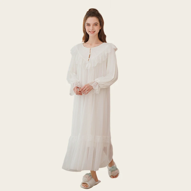 

White Victorian Pajama Cotton Sleepwear Long Sleeve Night Dress Loungewear 2021 Nightgowns for Women