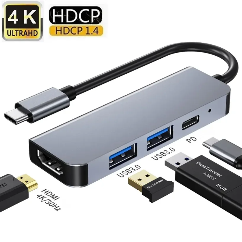 

Factory 4 in 1 Type C Hub Adapter With HDTV MI 4K PD Charging USB Hub 3.0 4 Ports USB C Docking Station for Macbook Pro
