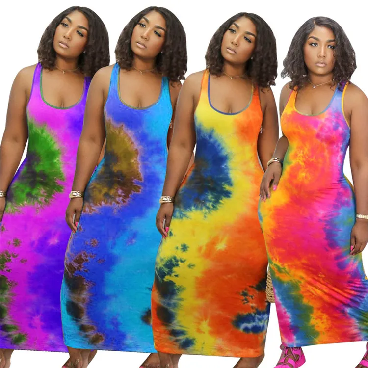 

Sleeveless Maxi Dresses Print Tie Dye Dress Women Clothing Plus Size Summer Sexy Vest Club Dresses