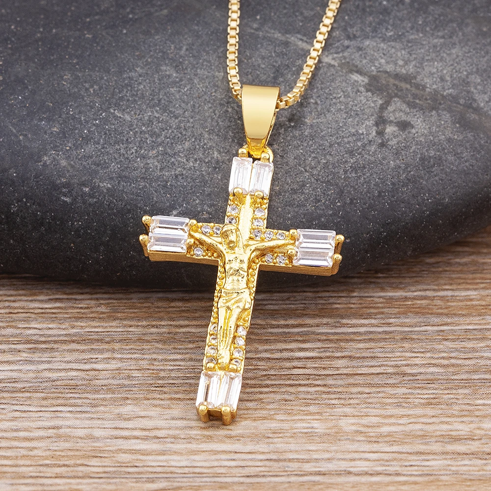

Religious Cross Jesus Pendant Necklace With Diamond Rhinestone Gold Plated Cubic Zircon Christian Jewelry Gift Wholesale Price, As pictures
