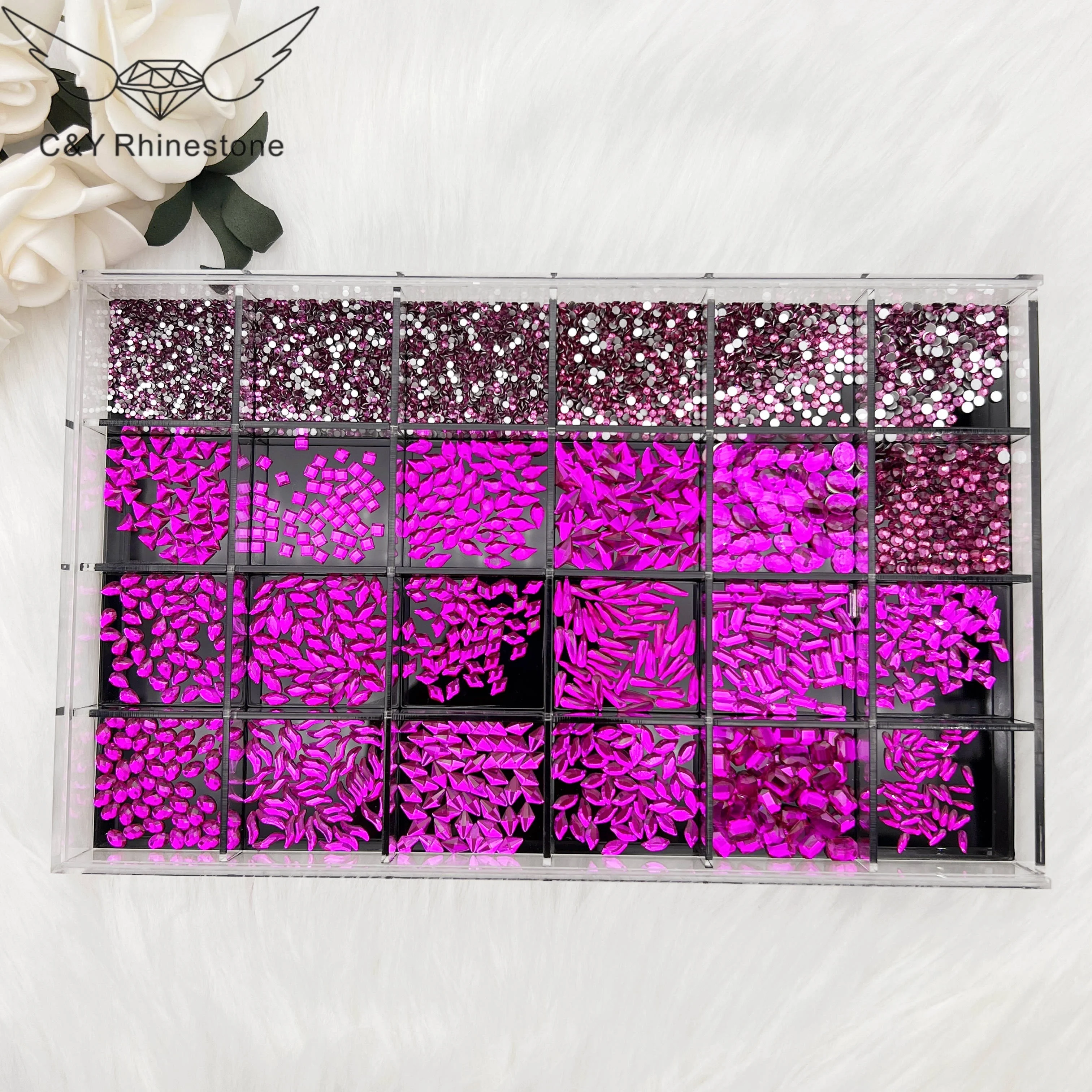 

CY 6550PCS Fuchsia Press On Nails With Stones Crystal Nail Art Rhinestone Box