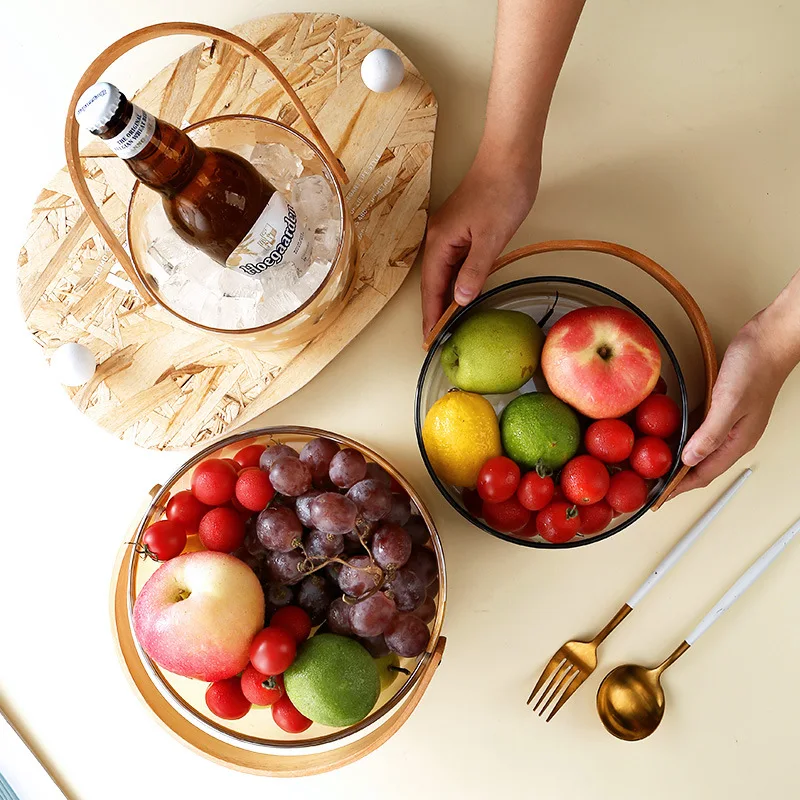 

Nordic High Borosilicate Glass Fruit Basket Bamboo Portable Large Snack Dry Fruit Tray Storage Basket Creative Beer Ice Bucket