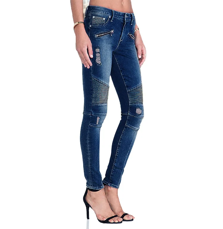 

Women's ripped slim-fit stretch motorcycle jeans slim mid-waist denim pencil pants, Blue