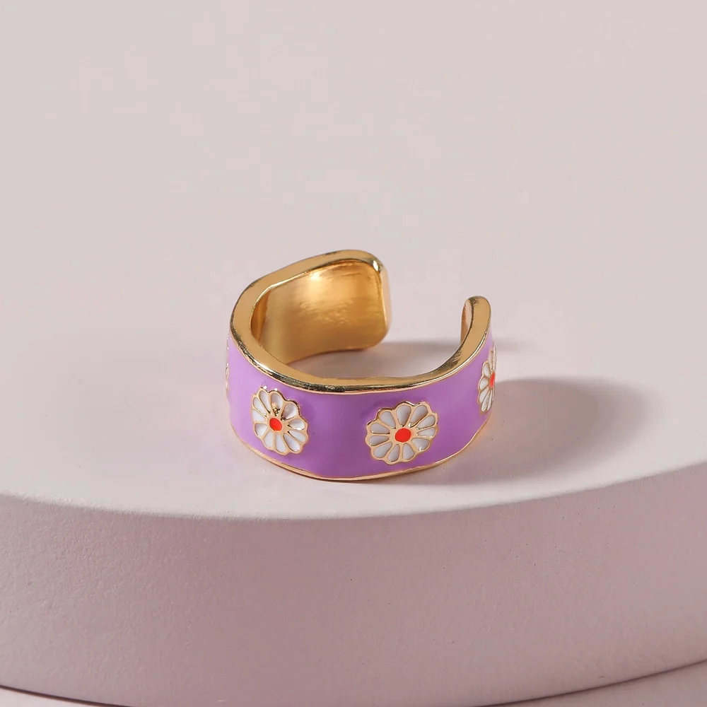 

INS Popular Summer Style Colorful C Shape Adjustable Flower Design Rings Light Enamel Daisy Flower Ring for Women