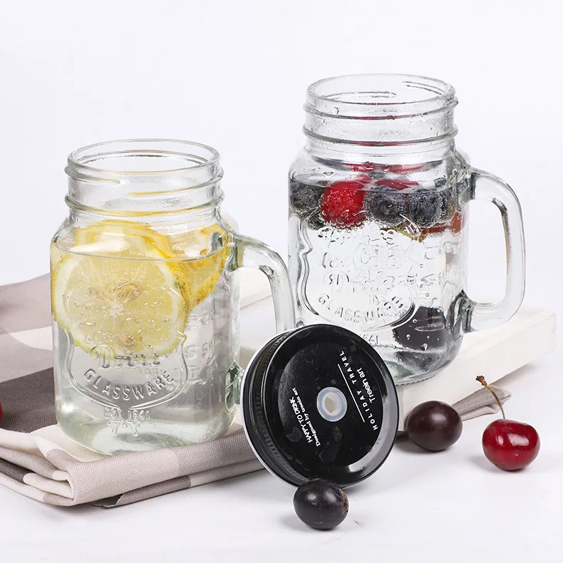 

C394 Transparent Fruit Juice Cool Drink Glass Cup Mug Mason Sport Water Bottle Jar Lemon Cup with Lid and Straw, Customized color