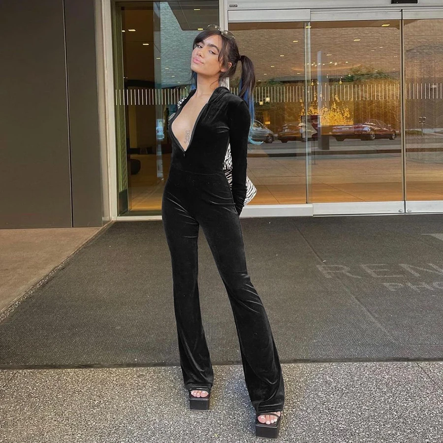 

Nibber K21Q04447 Fall 2021 new ladies' jumpsuit, flannel long hooded zipper jumpsuit, slim long casual jumpsuit, Black