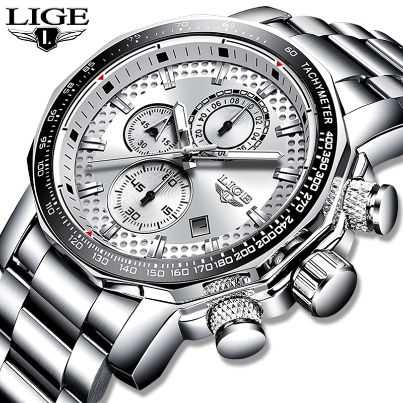 

2020 LIGE 9902 Top Luxury Brand Mens Watches Stainless Steel 30m Waterproof Fashion Quartz Watch Men Army Military Chronograph