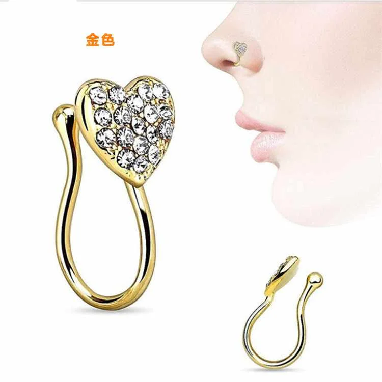 

Hot-Selling Piercing Jewelry Cross-Border E-Commerce Stainless Steel Diamond-Studded Heart-Shaped Nose Ring, Picture shows