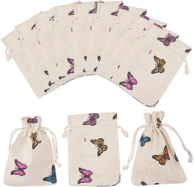 

Small Gift Packing Use Custom Butterfly Design Printing Small Cotton Linen Jute Drawstring Pouch Bag