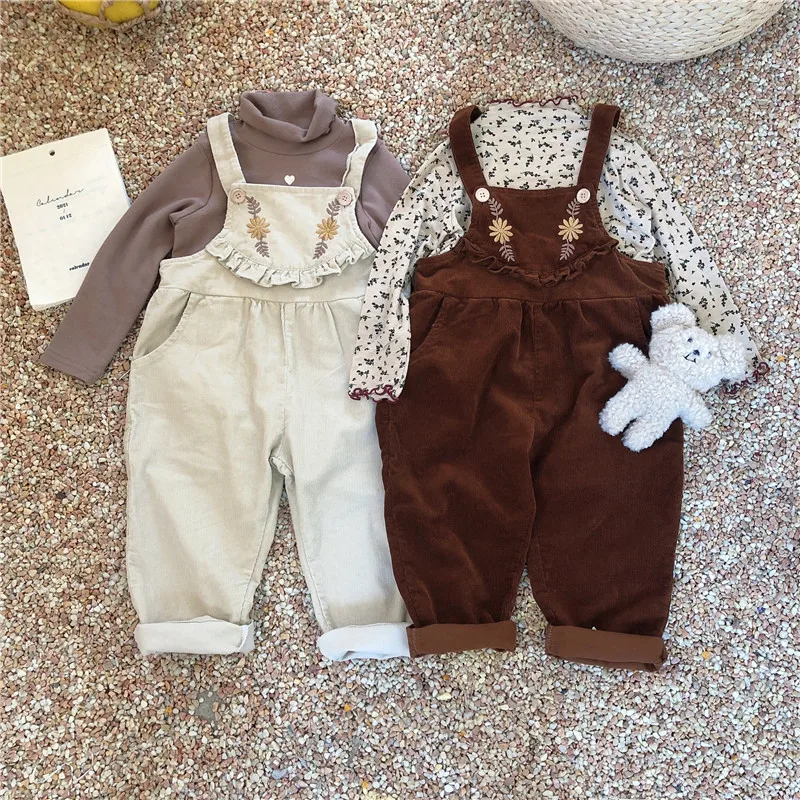 

winter solid casual little baby girls overalls pants embroidery ruffles kids clothing wholesale B232A2021q02