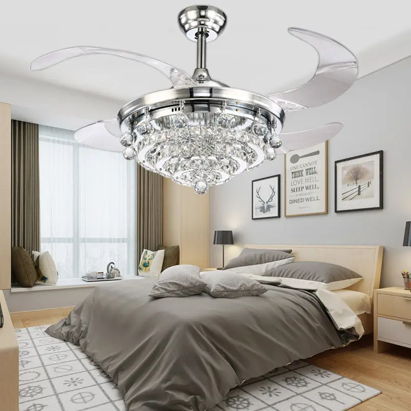 
Fandelier Crystal Ceiling Fans with Lights and Remote, LED 3 Light Settings Modern Invisible Retractable Chandelier Fan 