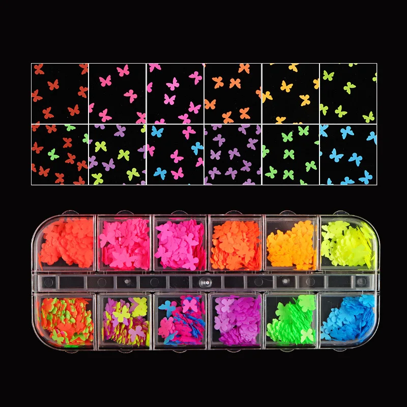 

12Grids/Set Colorful Laser Neon Glitters Style Butterfly Nail 3D Stickers For Nail Decoration, 12 colors