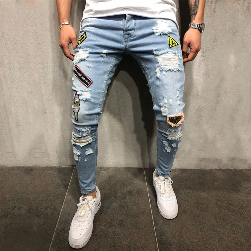 

Stylish trend men's ripped patchwork personality slim jeans mid waist high quality cotton denim trousers