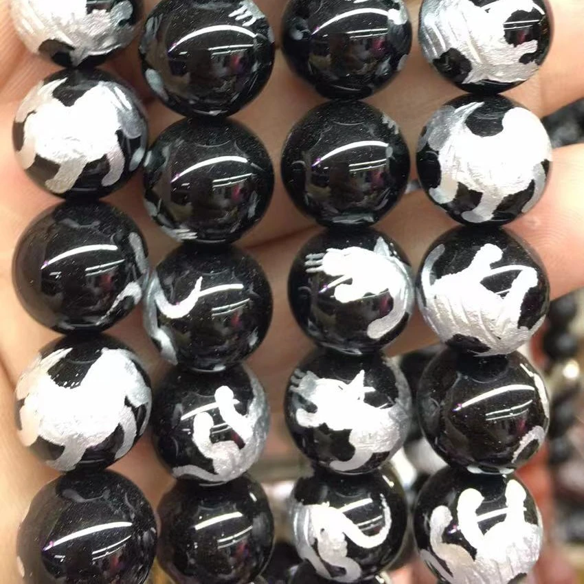 

Hot Sale Bead In Japan Natural Stone 12mm black onyx China's four great beasts Azure Dragon White Vermilion Bird Black Tortoise