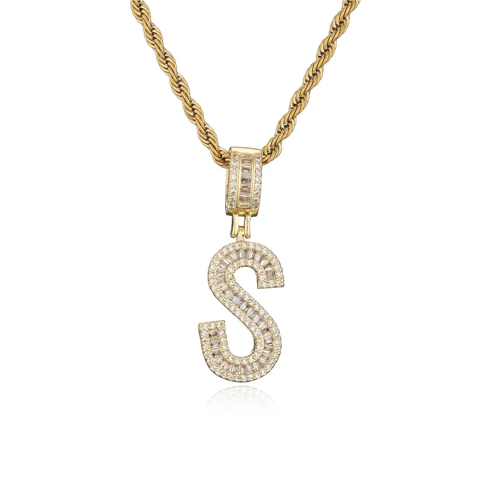 

Mens Hip Hop Iced Out Jewelry Gold Plated Baguette CZ Diamond Letter Initial Pendant Necklace, Golden