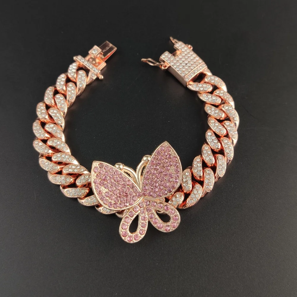 

European Top Ranking Hips Hops Shining Jewelry Rose Gold Butterfly Bracelet Rose Gold Crystal Cuban Chain Butterfly Bracelet