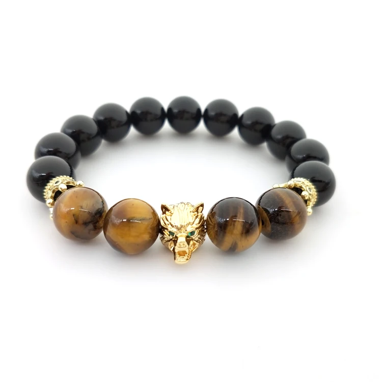 

Bracelet 12MM Natural Bright Black Agate Crown Green Eye Wolf Head Beaded Bracelet Retro Men Models, As pitures