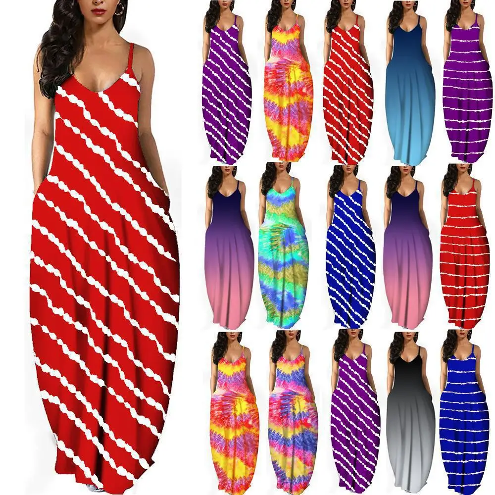 

Dropshipping spaghetti v neck sleeveless women's casual summer cami dress plus size tie dye striped long dresses women maxi