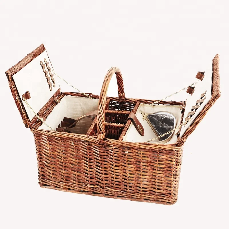 

high Quality Products oem customized wholesale Wine handle Basket Wicker rattan insulated Picnic wine Basket hamper for 4