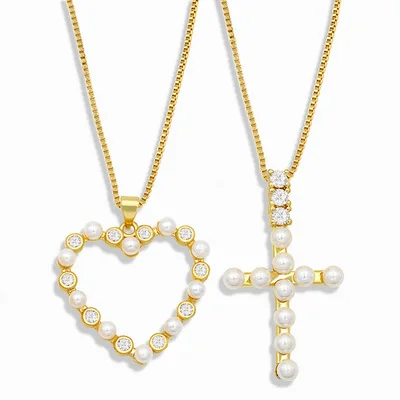 

Jachon European Vintage CZ Zirconia Pearl Heart Necklace Gold Plating Crystal Pearl Cross Pendant Necklace