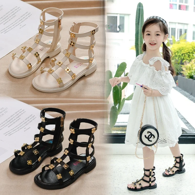 

Girls Sandals 2020 Summer New Korean Children's Roman Hollow Rivet Flowers Sandals Kids Non-slip Zip Shoes Middle Big Child Shoe, As picture