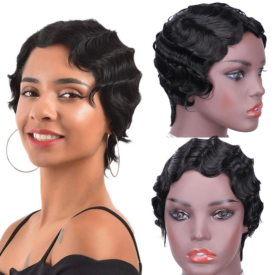 

Cheap natural black Human Hair Wigs Natural Human Wig Brazilian Hair Full Machine Made Short Finger Wave wigs for women