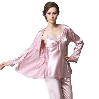 

Manufacturer Wholesale Ice Silk Pajamas Ladies Spring Long Sleeves 3pcs Pyjama Set Lounge Wear Clothing, Champagne, orcustomized color