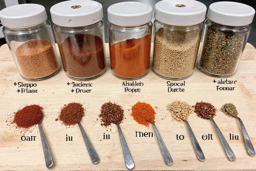 Various spice jars showing Aleppo pepper substitutes with measurement spoons for accurate substitution ratios