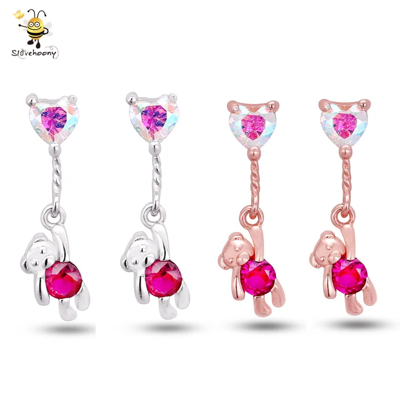 

Slovehoony Brincos Cute Animal 925 Sterling Silver Pink Bling Bear Hanging Drop Earrings With Heart Crystal Stone, Silver/rose gold