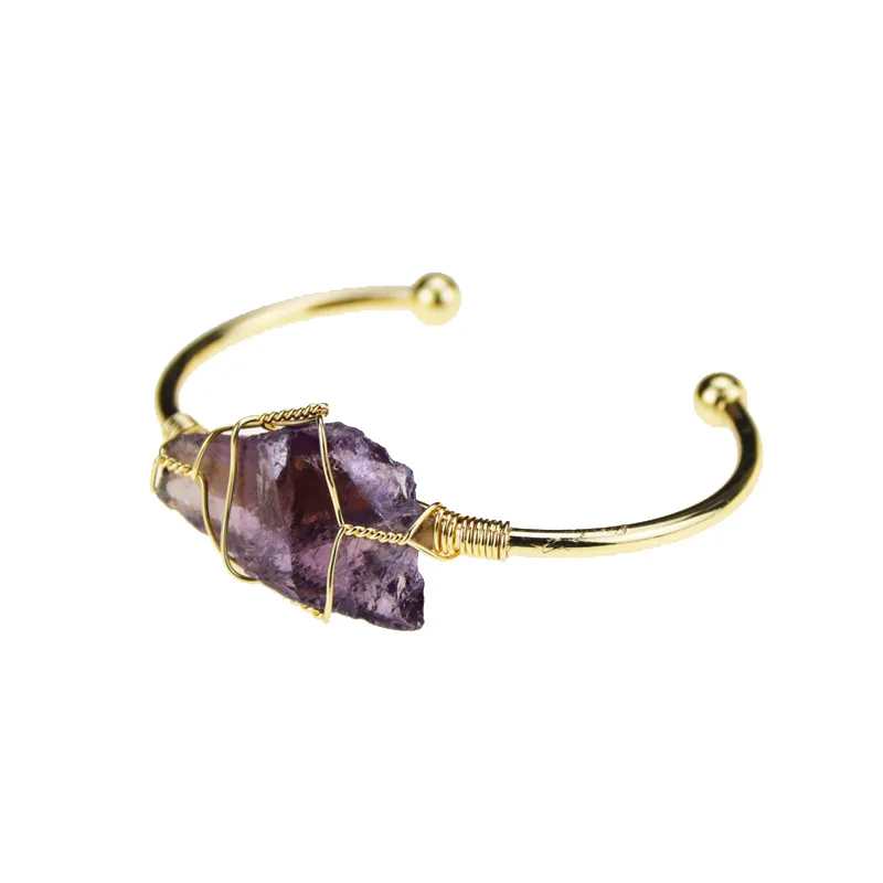 

Natural Stone Bangle Gold-color Wire Wrap Irregular Crystal Quartz Cuff Bracelets for Women Girls Kids Jewelry