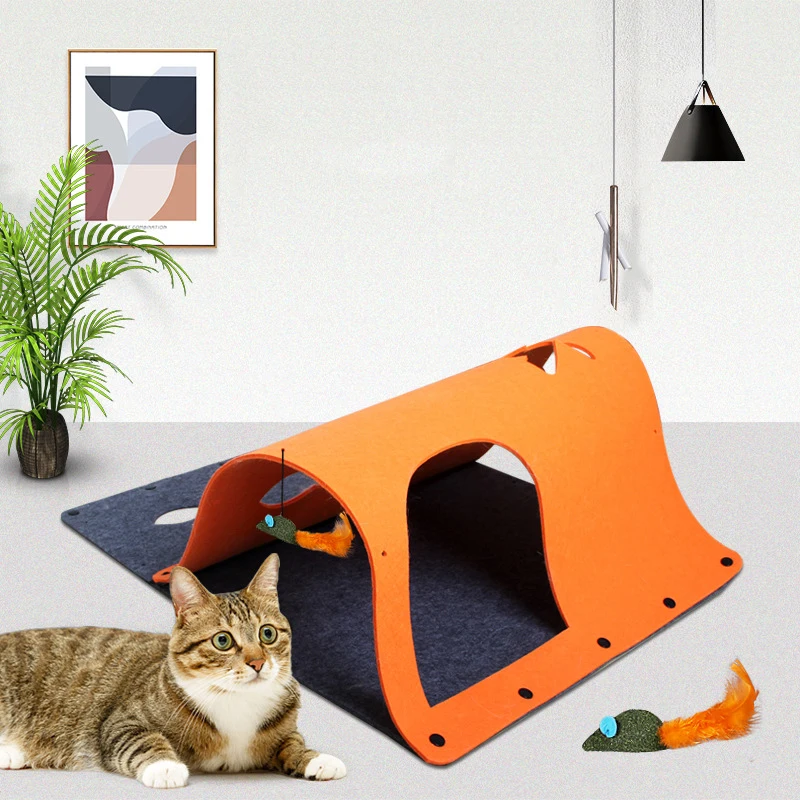 

Cat Furniture Felt Material Foldable Cat Tunnel Toy Scratcher Mat Toy Multifunctional Cat Life Tunnel with Toy, Picture