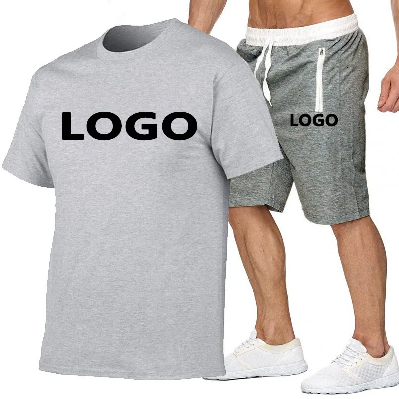 

Summer Custom LOGO Embroidery Print Cotton Casual T Shirt + Shorts Sports Sets Fashion Jogging Suit For Men Two Piece Short Set, Accept custom made color