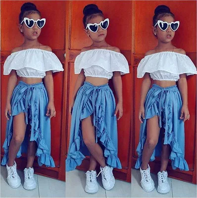 

F40975A the new arrival one shoulder flounce top + jean flounce skirt set kid clothing set baby girls clothing sets, As picture