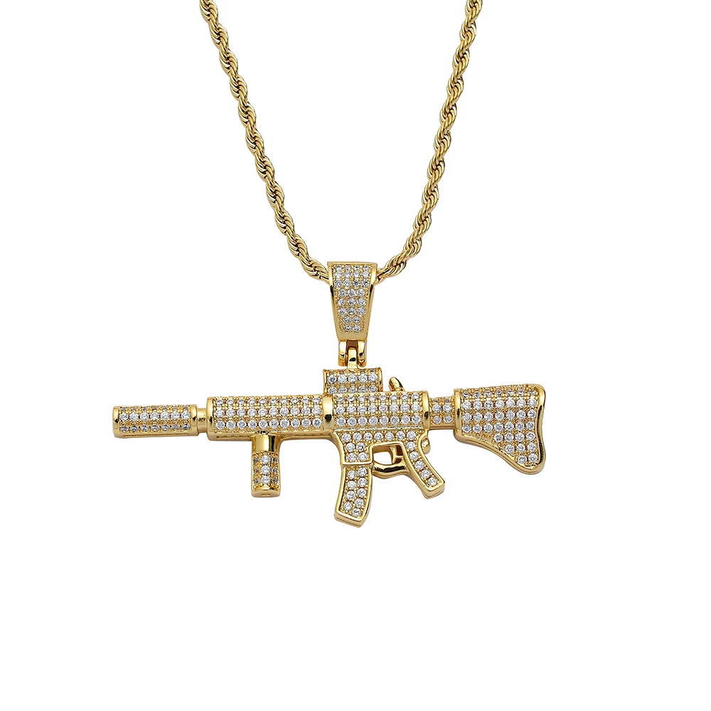 CN297 Iced Brass CZ Gun Pendants&Necklace Hip Hop Jewelry Party Gift