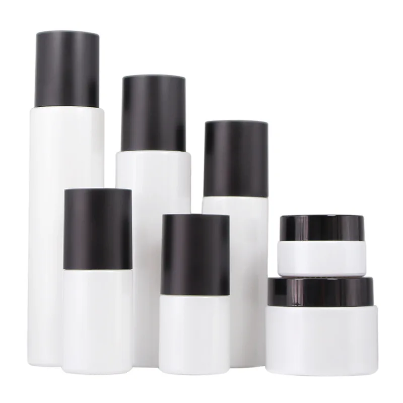 

100ml black lid cosmetic jars and bottles set bottles for lotion protect from light white glass spray bottles