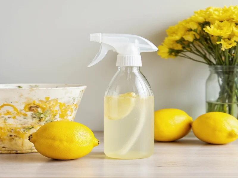 Homemade floor cleaner in spray bottle with lemon and vinegar