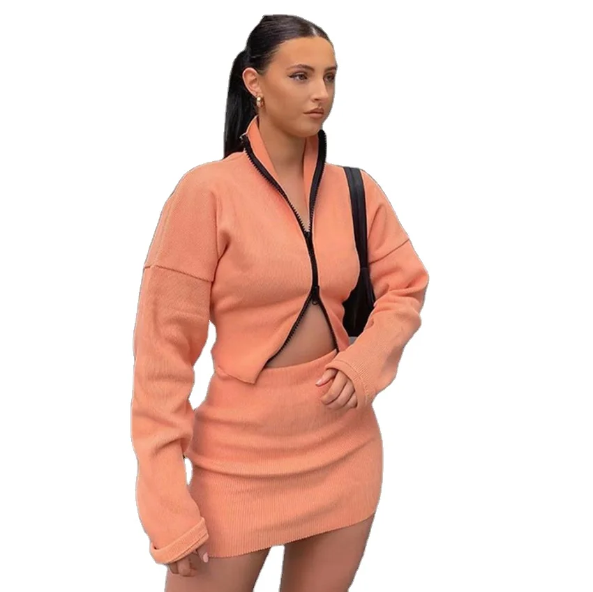 

Simenual Ribbed Knitted Zipper Bodycon Two Piece Set Women Long Sleeve Casual Autumn Outfits Crop Top And Skirt Co-ord