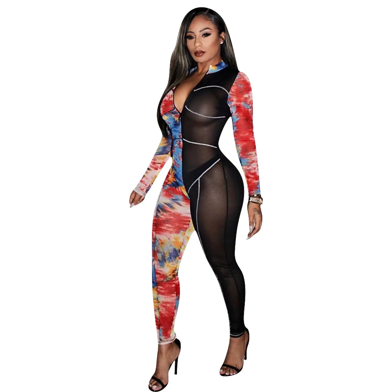 

Fashion 2020 women Autumn new sexy locomotive style jumpsuits long sleeve zipper printed tight jumpsuits long pants