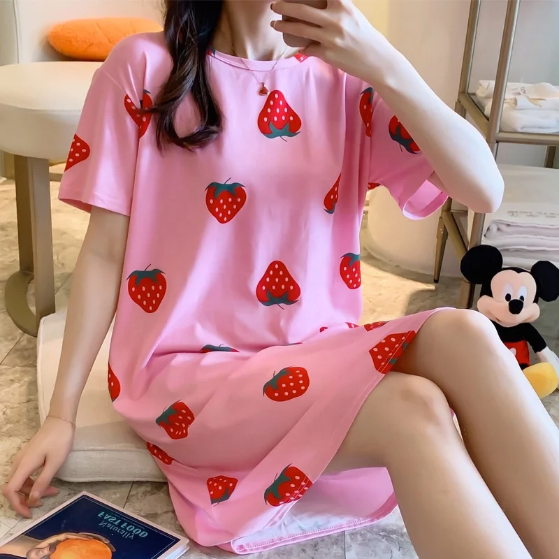 

new sleepwear ladies summer loose pajamas lovely cartoon milk Silk Student Home Serviceshort Sleeve women milk Silk nightgown, Red navy yellow pink blue rose madder black purple white