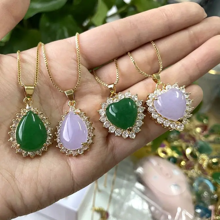 

lavender jade jewerly fashion women real natural jade heart pendant around diamond green agate water drop pendant necklace